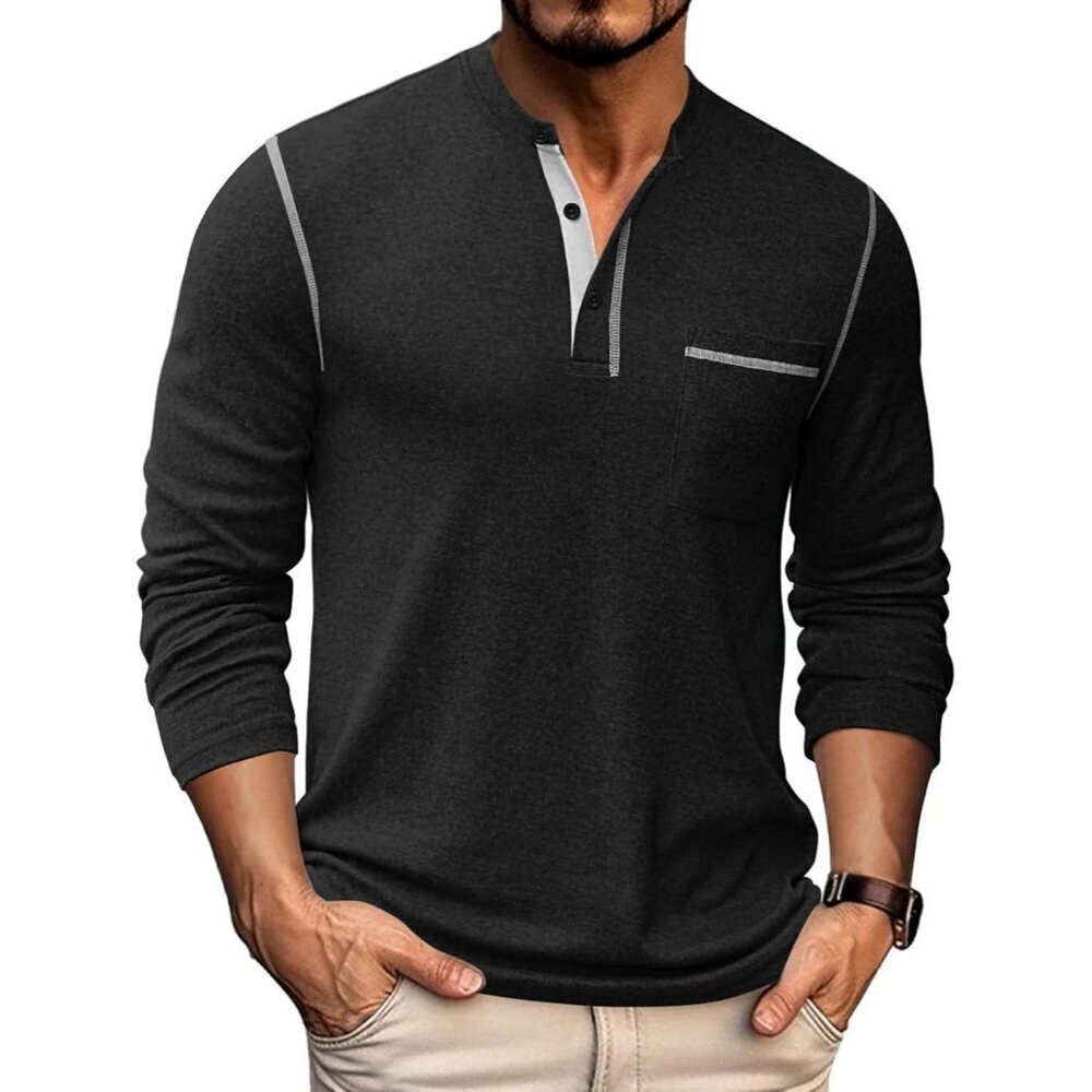 Coofandy Men Black Henley Long Sleeve Button T-Shirt With Pocket